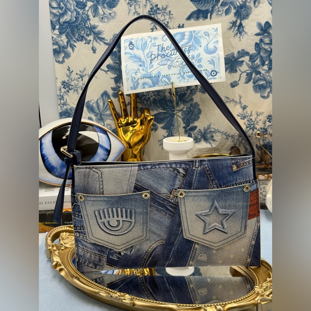 🆕 CHIARA FERRAGNI 🧿 NWOT All Over Denim Print Thin Shoulder Bag